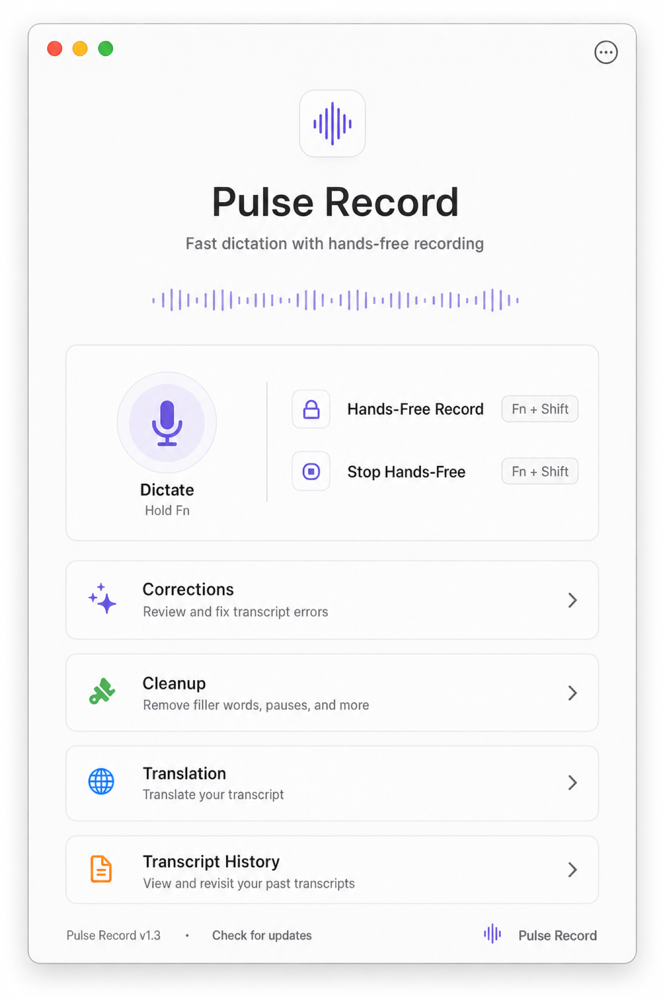 Pulse Record macOS app window.