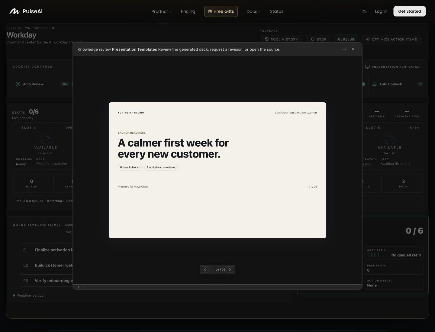 Pulse interactive demo showing a completed six-page customer onboarding presentation inside a Workday